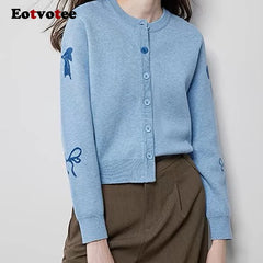 EOTVOTEE Women's Temperament Bow Jacquard Cardigan French Style O Neck Single Breasted Cardigans 2025 New Simple Elegant Sweater