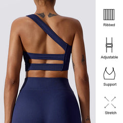 One Shoulder Cut Out Back Sports Bra Women Breathable Running Yoga Crop Top