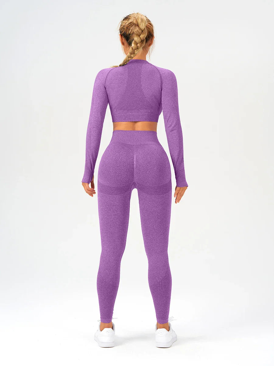 2 pcs/set Long Sleeve Yoga Leggings Set Sportswear Woman Gym Seamless Workout Outfit Yoga Clothes Womens Tracksuit Activewear