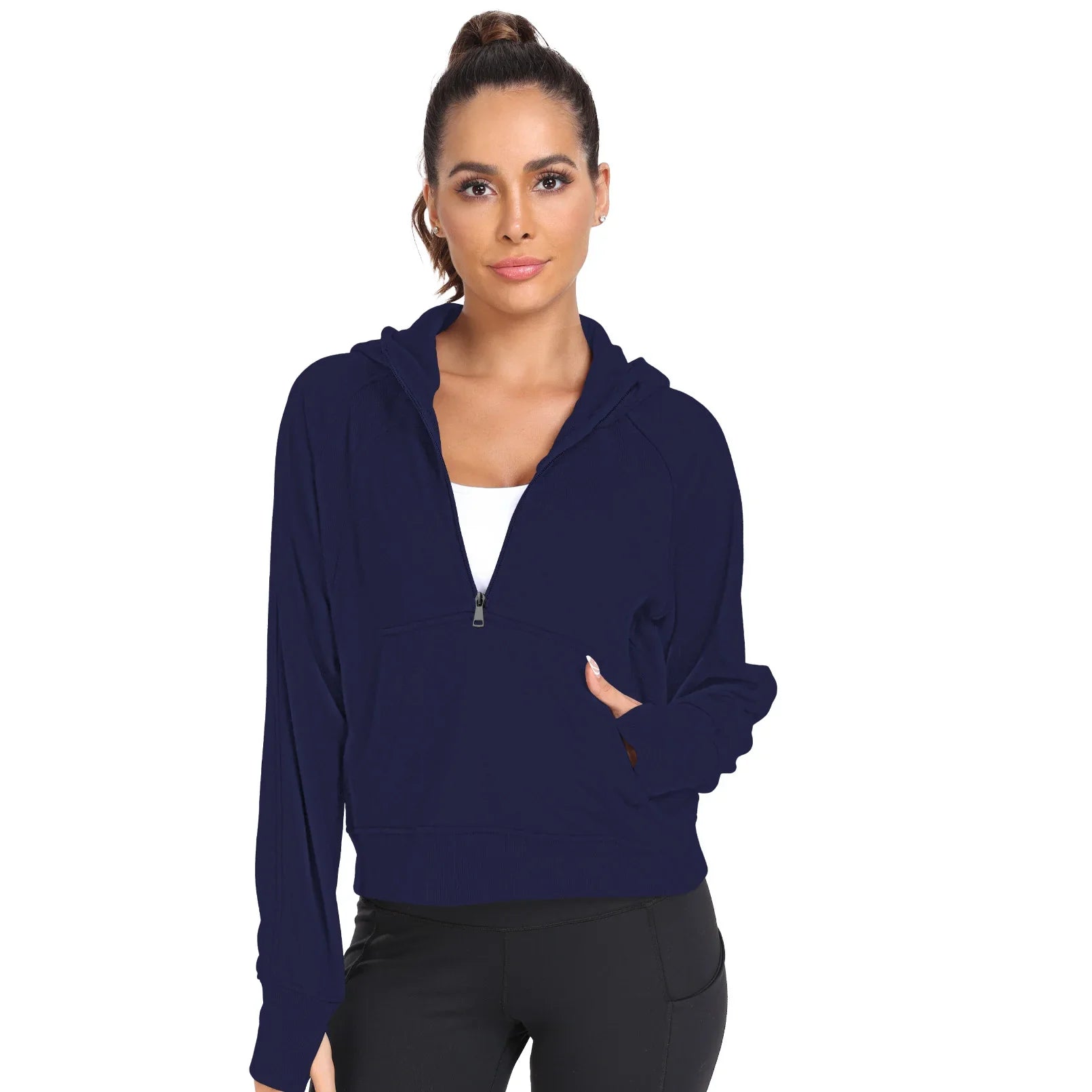 Spring Womens 1/2 Zip Hoodies Half Zip Pullover Loose Sweatshirts Thumb Hole Pocket Long Sleeve Crop Tops