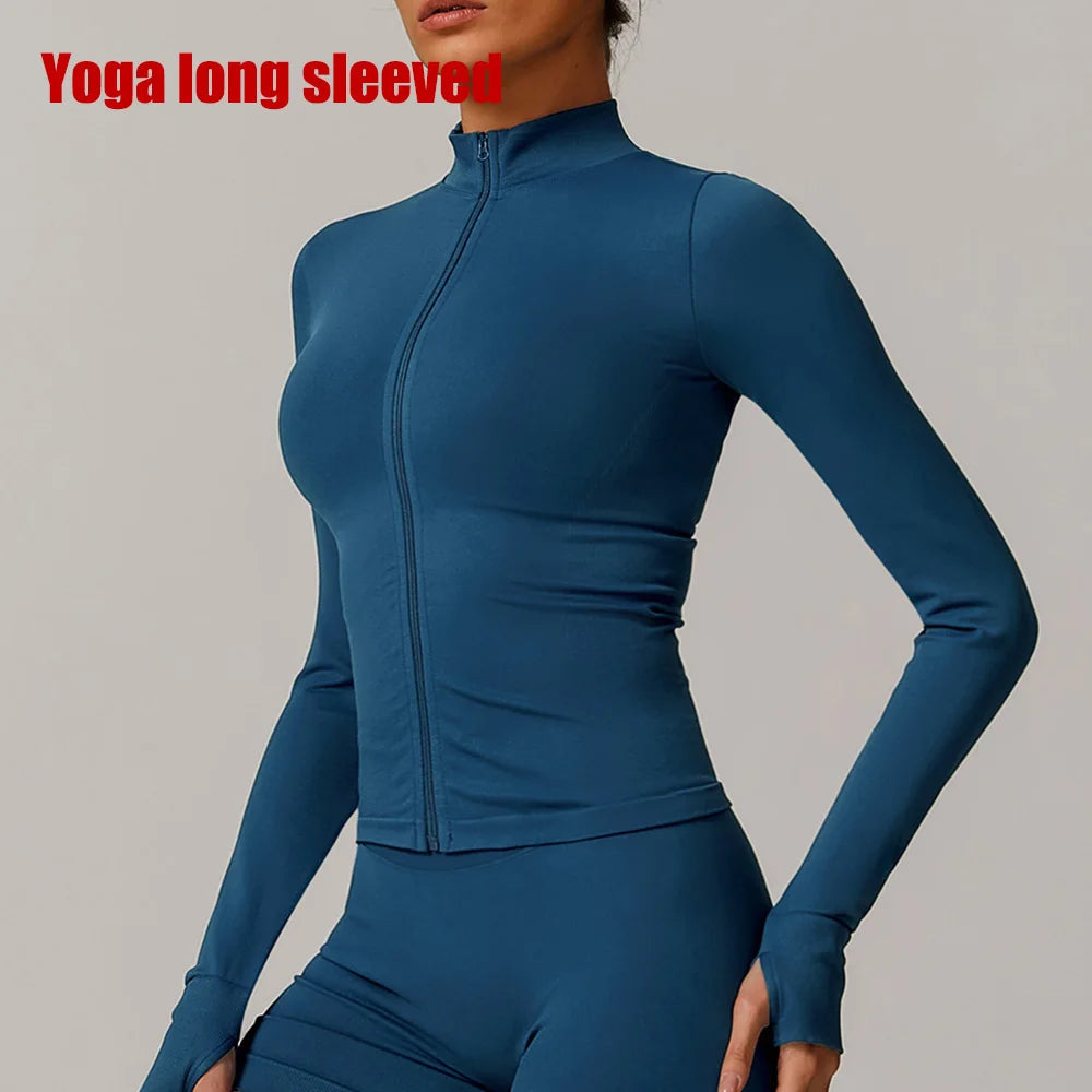 Seamless Yoga Slothes Women's Top Standing Collar Long Sleeved Sports Jacket Running Training Fitness Top Windproof Running Suit