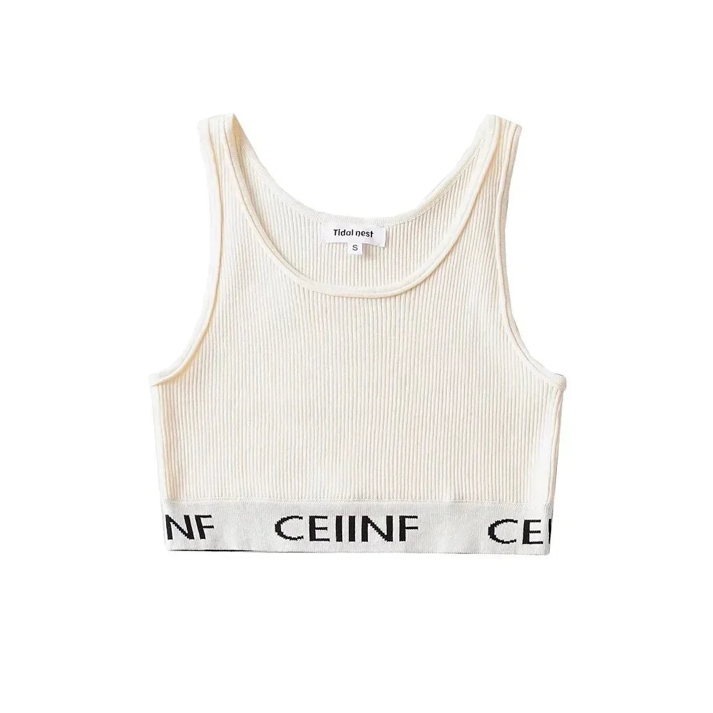 Summer New Style Women's Pure Desire Spicy Girl Color Block Elastic Slim Fit Cuffed Letter Knitted Halter Top Vest Cotton