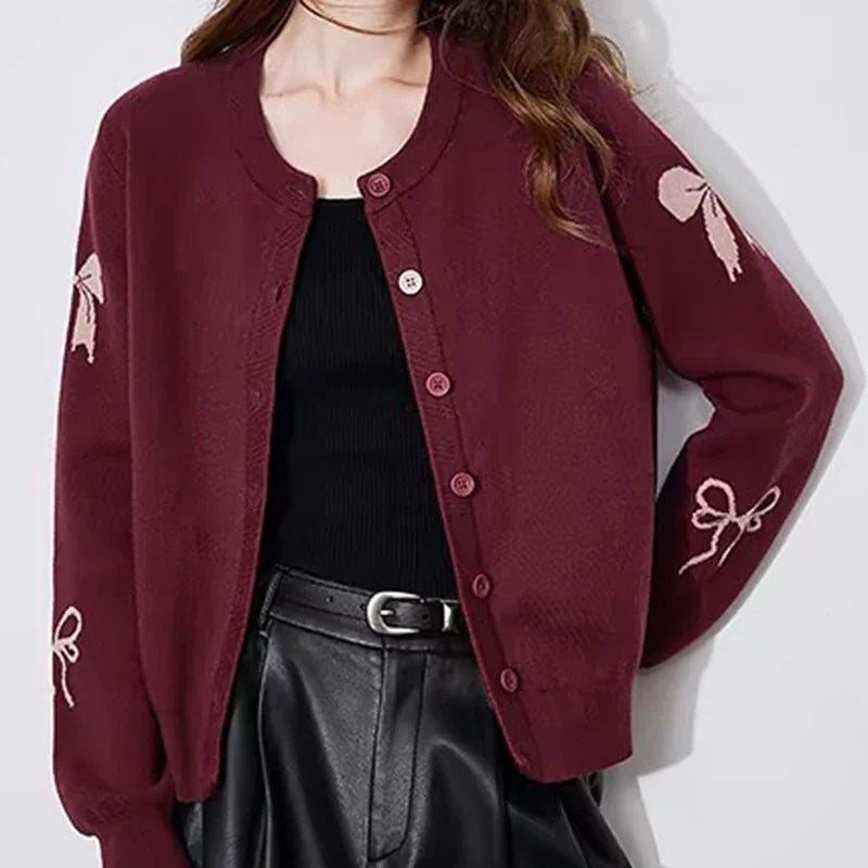EOTVOTEE Women's Temperament Bow Jacquard Cardigan French Style O Neck Single Breasted Cardigans 2025 New Simple Elegant Sweater