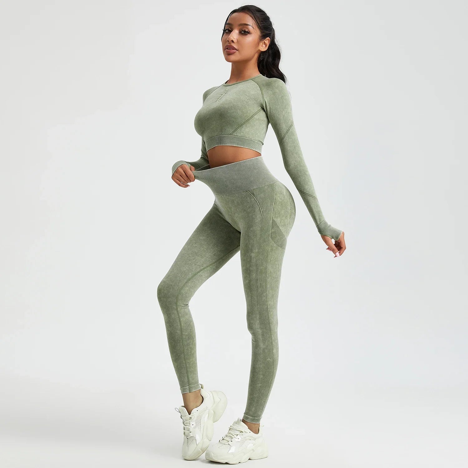 Women's Long Sleeves Round Neck Wash Exercise Activewear Sport Tops Skinny Stretch Activewear Running Wear