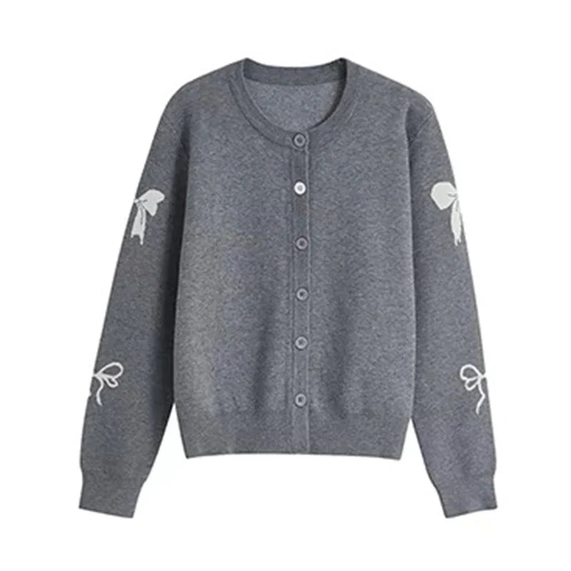 EOTVOTEE Women's Temperament Bow Jacquard Cardigan French Style O Neck Single Breasted Cardigans 2025 New Simple Elegant Sweater