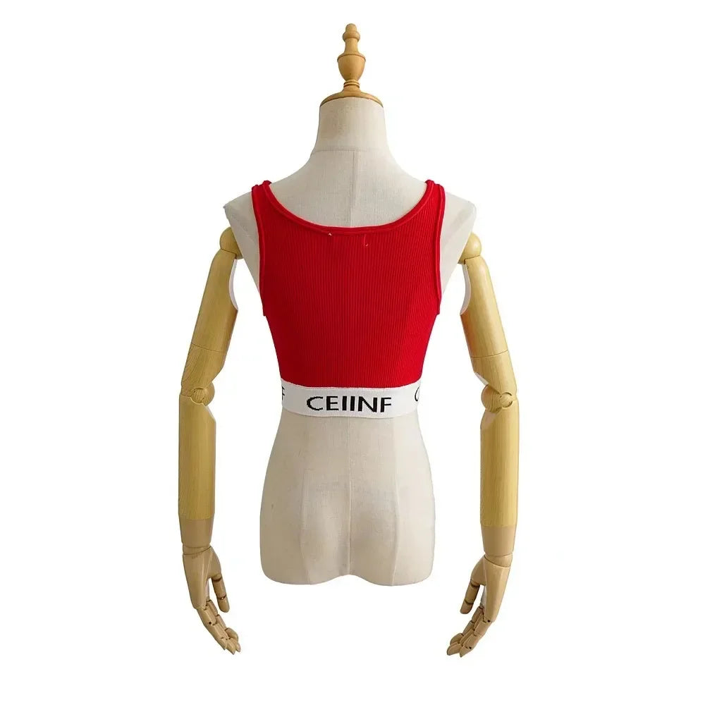 Summer New Style Women's Pure Desire Spicy Girl Color Block Elastic Slim Fit Cuffed Letter Knitted Halter Top Vest Cotton