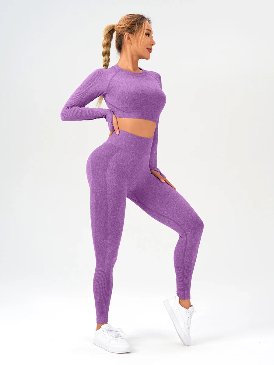 2 pcs/set Long Sleeve Yoga Leggings Set Sportswear Woman Gym Seamless Workout Outfit Yoga Clothes Womens Tracksuit Activewear