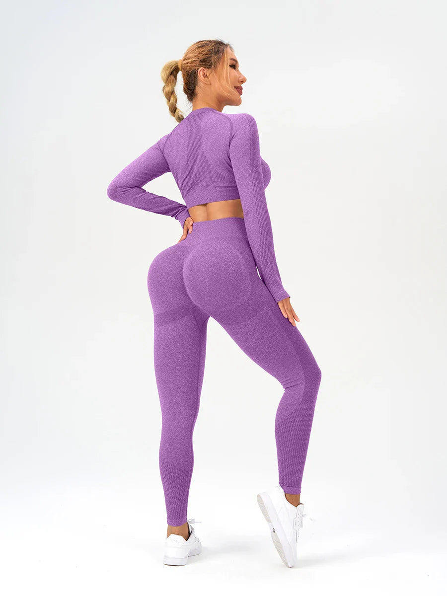 2 pcs/set Long Sleeve Yoga Leggings Set Sportswear Woman Gym Seamless Workout Outfit Yoga Clothes Womens Tracksuit Activewear