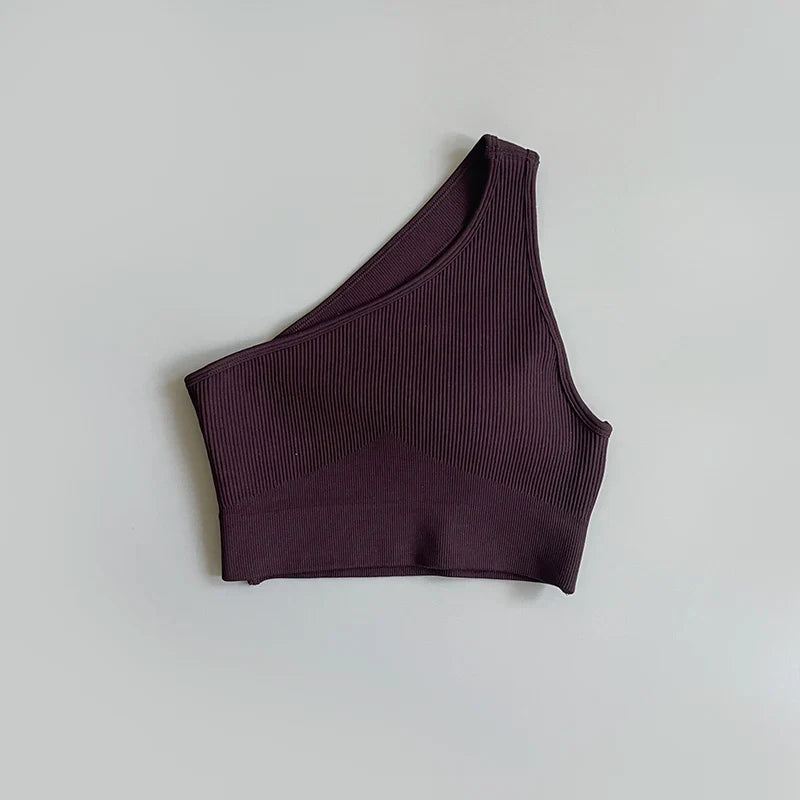 One Shoulder Cut Out Back Sports Bra Women Breathable Running Yoga Crop Top