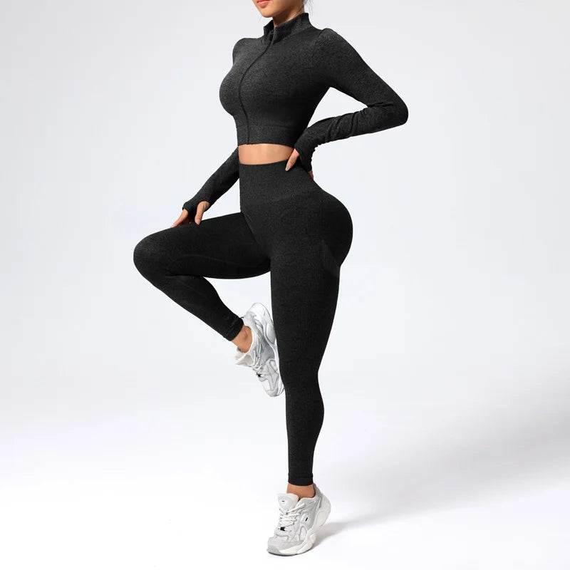 Women's High-Waist Trendy Gym Matching Set Seamless Yoga Outfit Set Sportswear Woman Gym Sports Leggings and Crop Top Activewear
