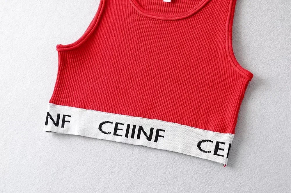 Summer New Style Women's Pure Desire Spicy Girl Color Block Elastic Slim Fit Cuffed Letter Knitted Halter Top Vest Cotton