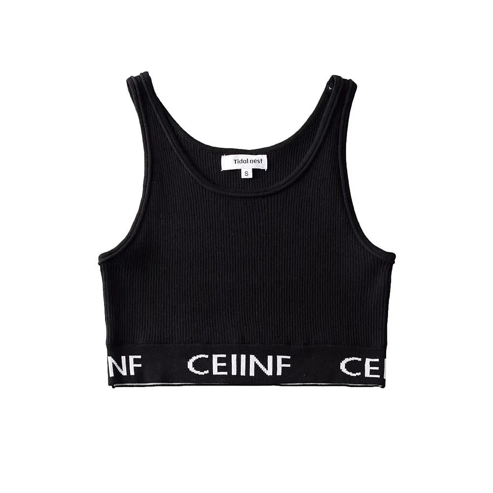 Summer New Style Women's Pure Desire Spicy Girl Color Block Elastic Slim Fit Cuffed Letter Knitted Halter Top Vest Cotton