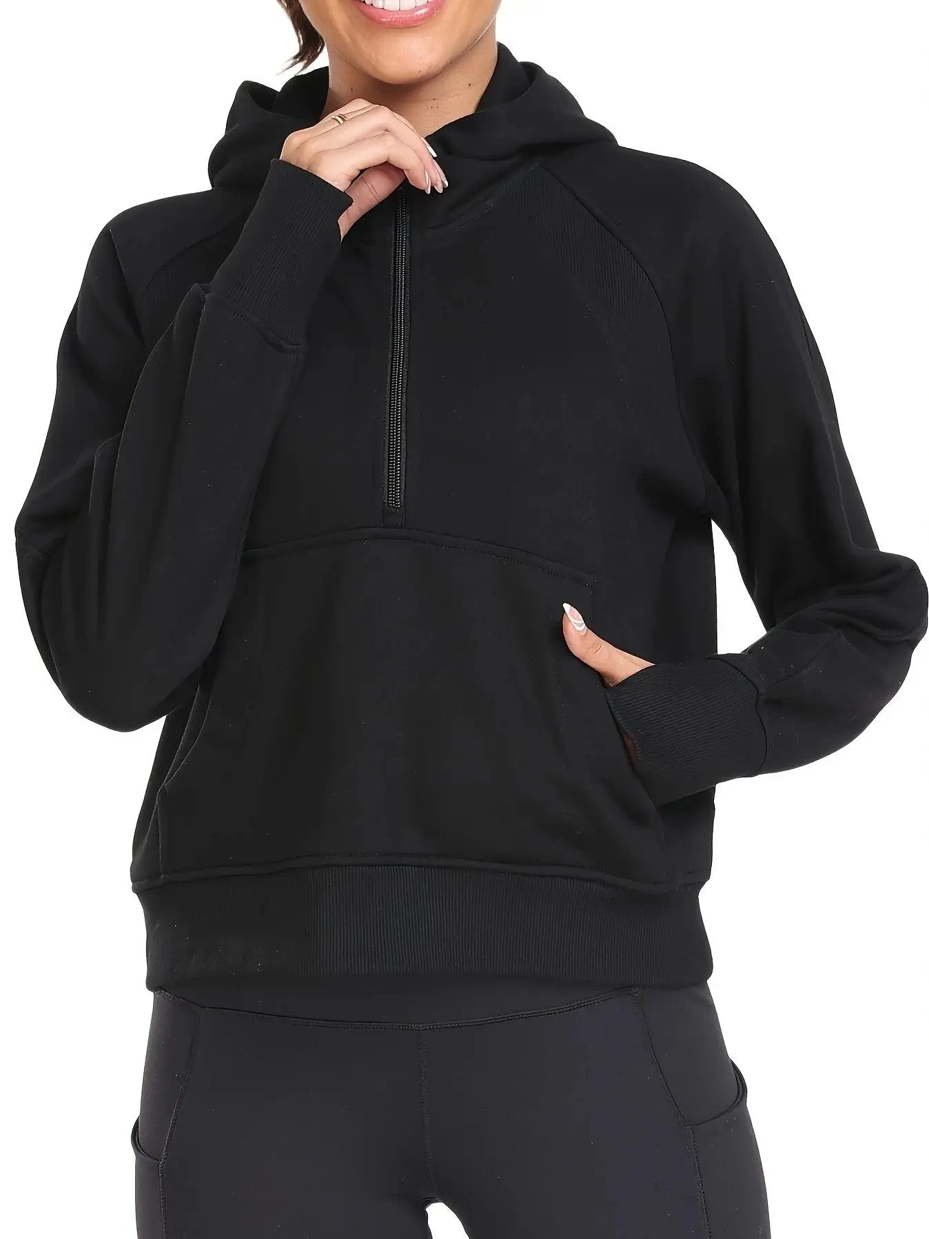 Spring Womens 1/2 Zip Hoodies Half Zip Pullover Loose Sweatshirts Thumb Hole Pocket Long Sleeve Crop Tops