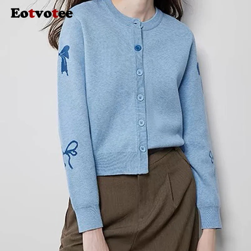 EOTVOTEE Women's Temperament Bow Jacquard Cardigan French Style O Neck Single Breasted Cardigans 2025 New Simple Elegant Sweater