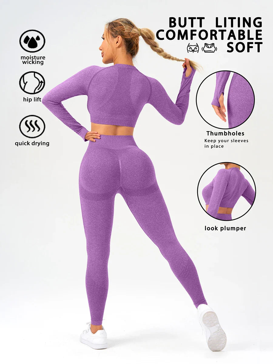 2 pcs/set Long Sleeve Yoga Leggings Set Sportswear Woman Gym Seamless Workout Outfit Yoga Clothes Womens Tracksuit Activewear