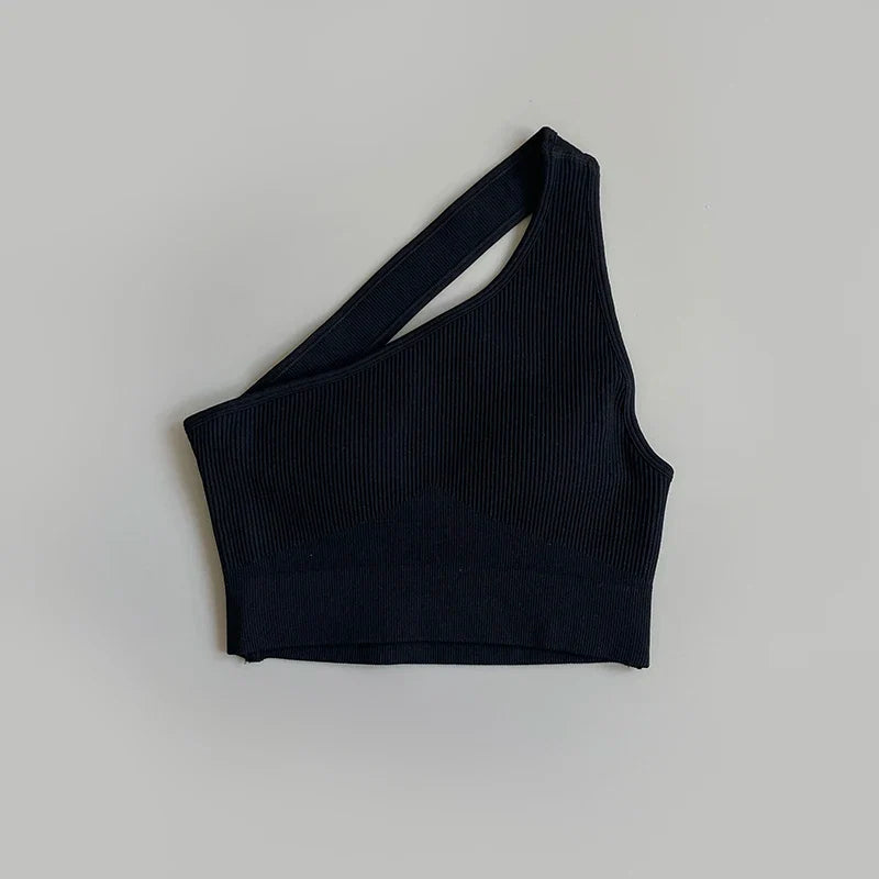 One Shoulder Cut Out Back Sports Bra Women Breathable Running Yoga Crop Top
