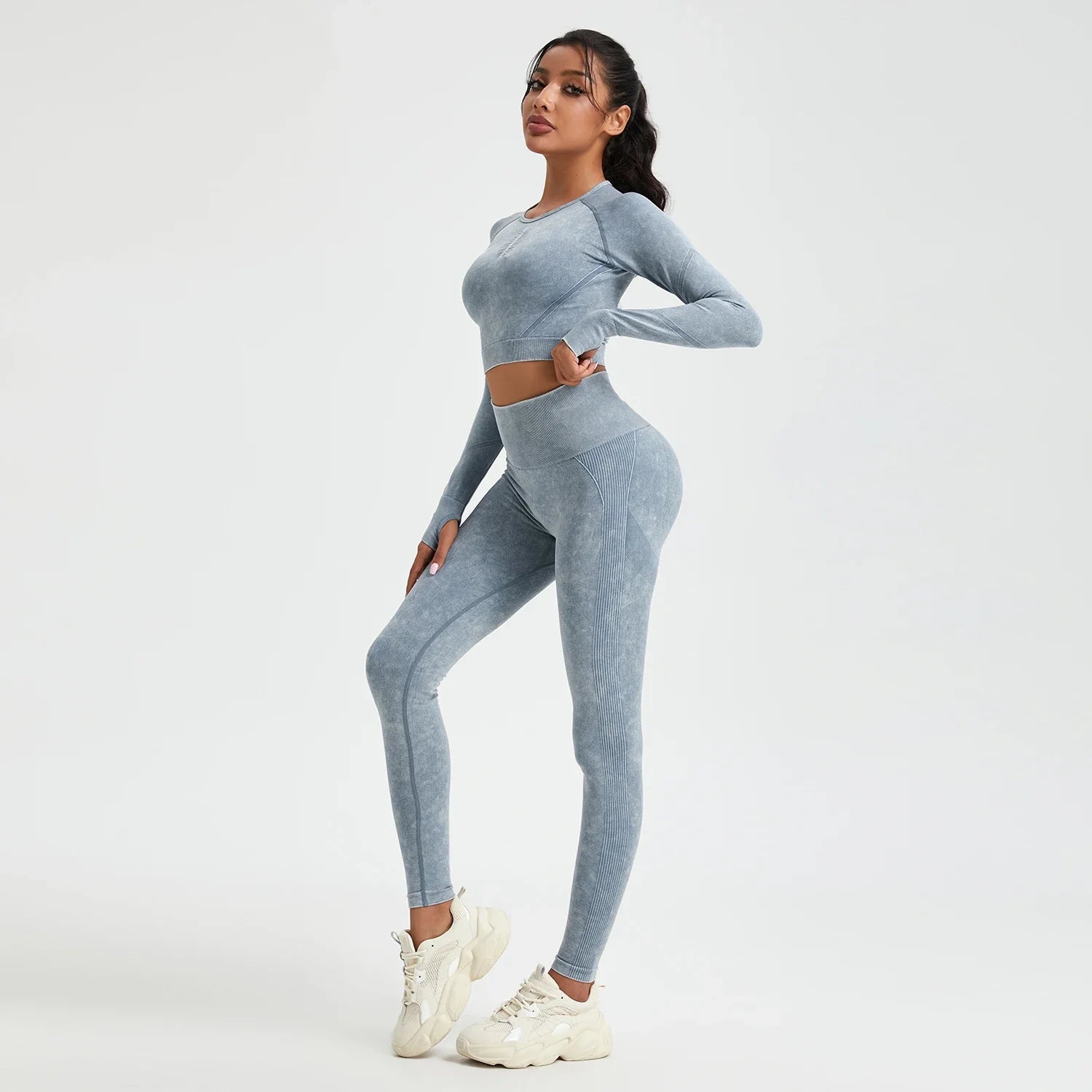 Women's Long Sleeves Round Neck Wash Exercise Activewear Sport Tops Skinny Stretch Activewear Running Wear