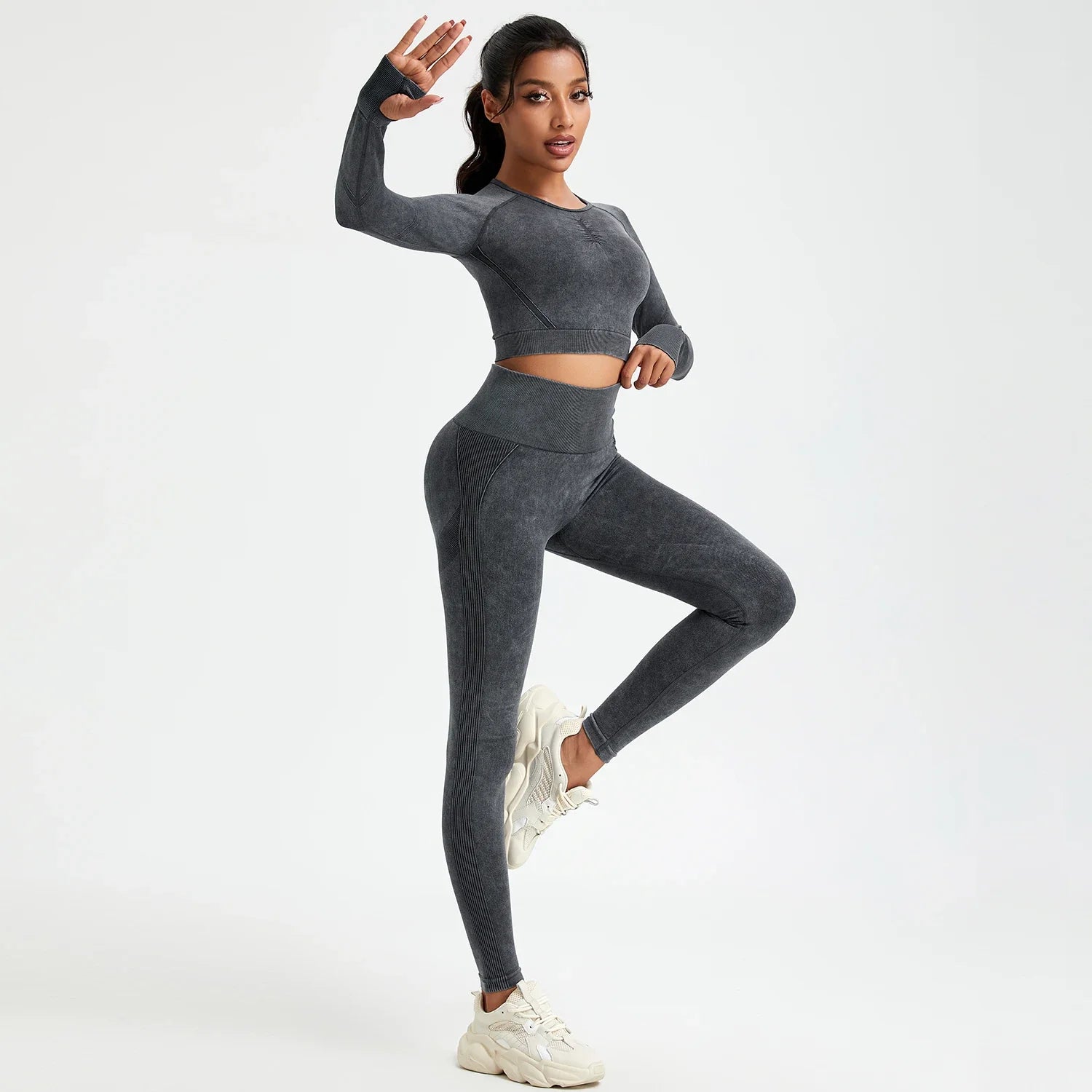 Women's Long Sleeves Round Neck Wash Exercise Activewear Sport Tops Skinny Stretch Activewear Running Wear