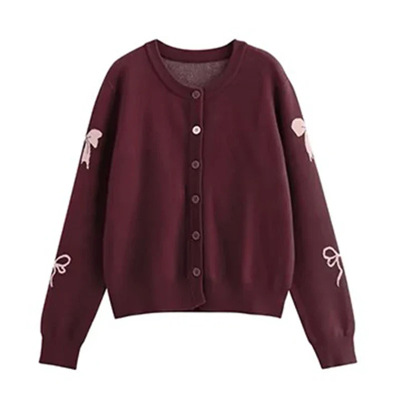 EOTVOTEE Women's Temperament Bow Jacquard Cardigan French Style O Neck Single Breasted Cardigans 2025 New Simple Elegant Sweater