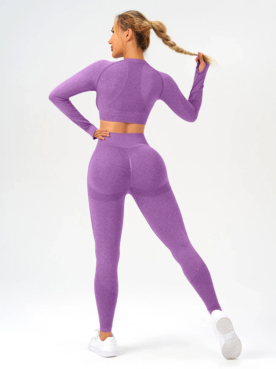 2 pcs/set Long Sleeve Yoga Leggings Set Sportswear Woman Gym Seamless Workout Outfit Yoga Clothes Womens Tracksuit Activewear