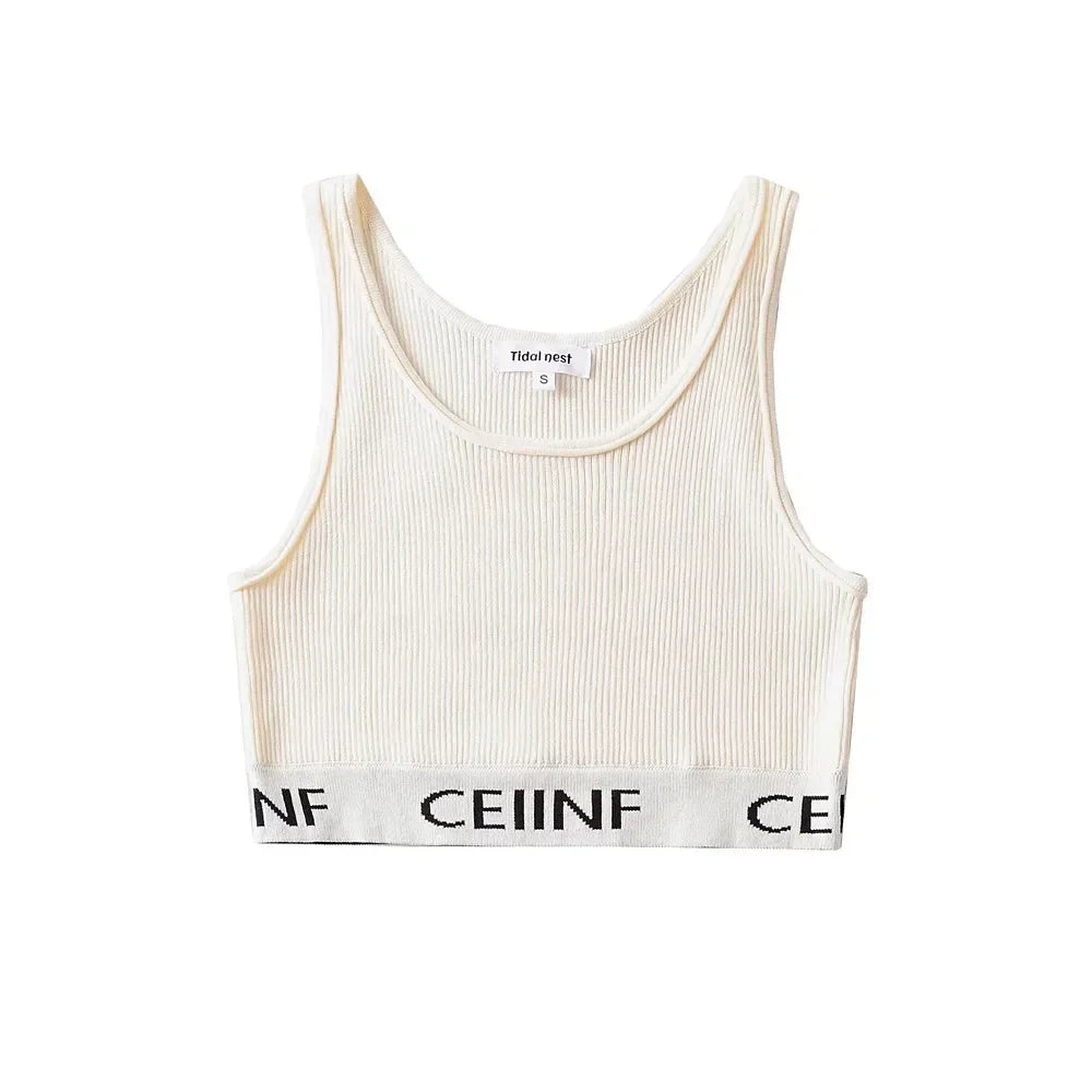 Summer New Style Women's Pure Desire Spicy Girl Color Block Elastic Slim Fit Cuffed Letter Knitted Halter Top Vest Cotton