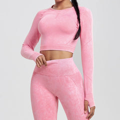 Women's Long Sleeves Round Neck Wash Exercise Activewear Sport Tops Skinny Stretch Activewear Running Wear