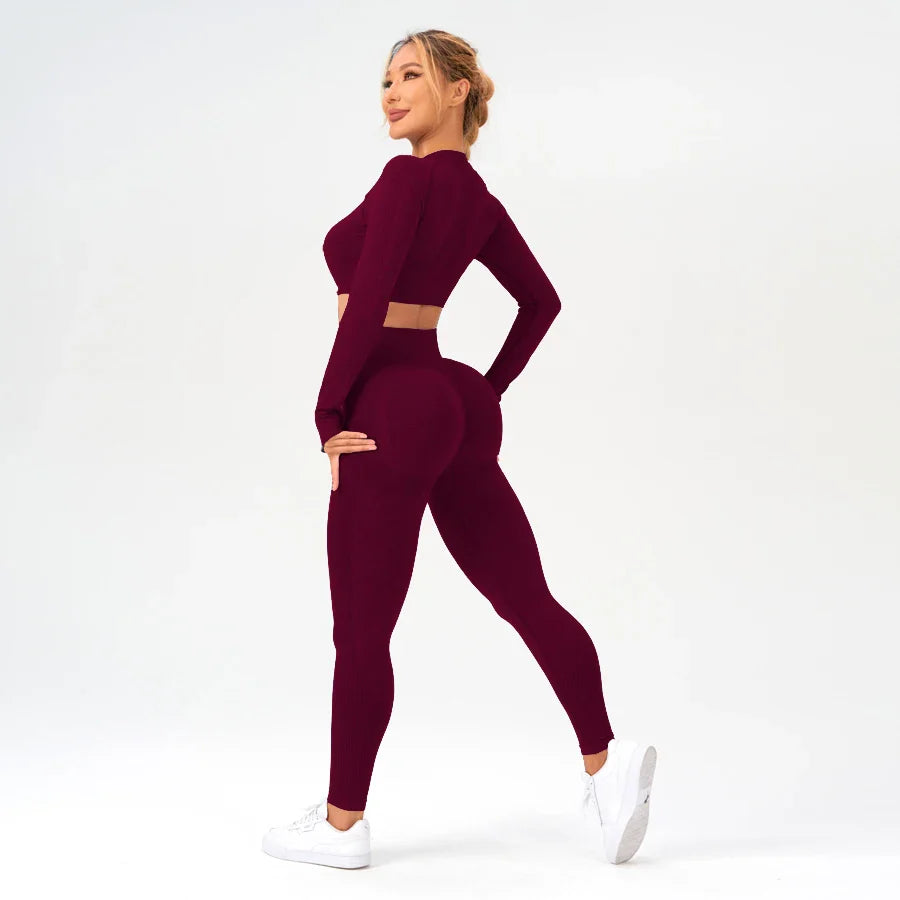 2 pcs/set Long Sleeve Yoga Leggings Set Sportswear Woman Gym Seamless Workout Outfit Yoga Clothes Womens Tracksuit Activewear