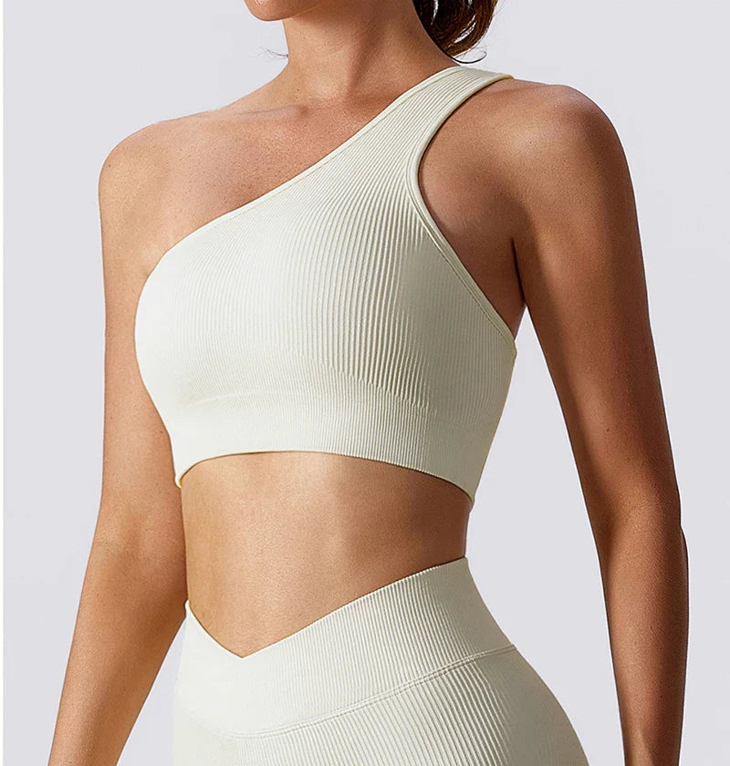 One Shoulder Cut Out Back Sports Bra Women Breathable Running Yoga Crop Top
