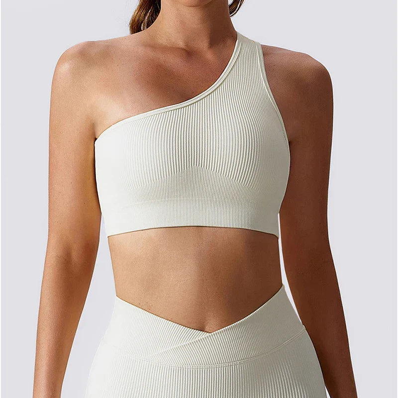 One Shoulder Cut Out Back Sports Bra Women Breathable Running Yoga Crop Top