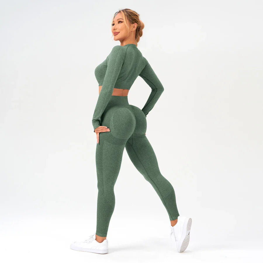 2 pcs/set Long Sleeve Yoga Leggings Set Sportswear Woman Gym Seamless Workout Outfit Yoga Clothes Womens Tracksuit Activewear
