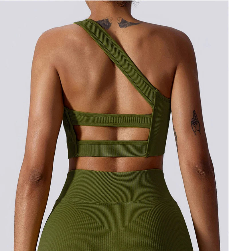 One Shoulder Cut Out Back Sports Bra Women Breathable Running Yoga Crop Top