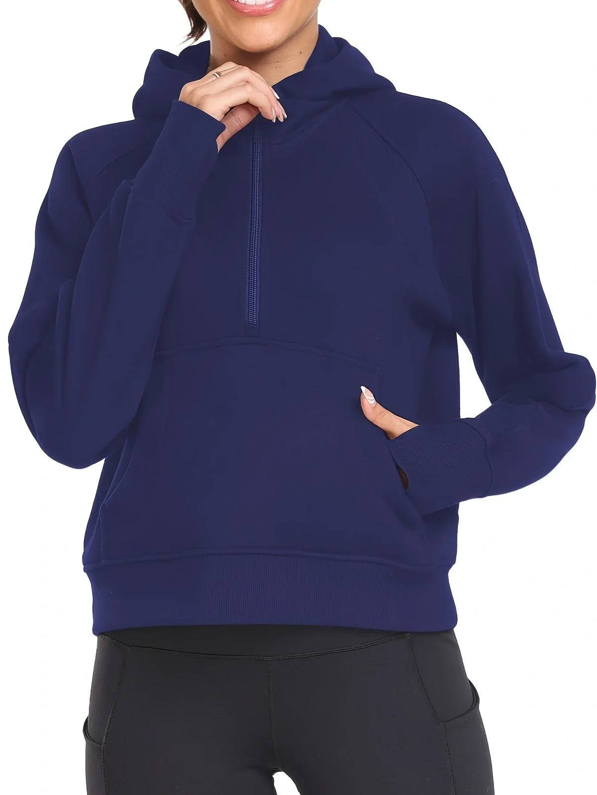 Spring Womens 1/2 Zip Hoodies Half Zip Pullover Loose Sweatshirts Thumb Hole Pocket Long Sleeve Crop Tops