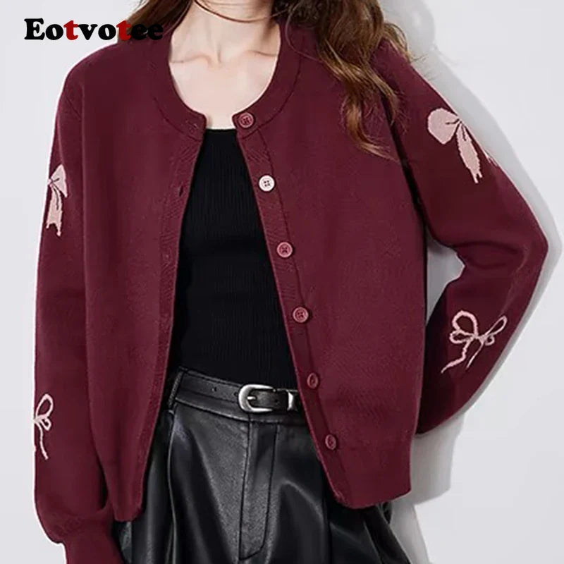 EOTVOTEE Women's Temperament Bow Jacquard Cardigan French Style O Neck Single Breasted Cardigans 2025 New Simple Elegant Sweater