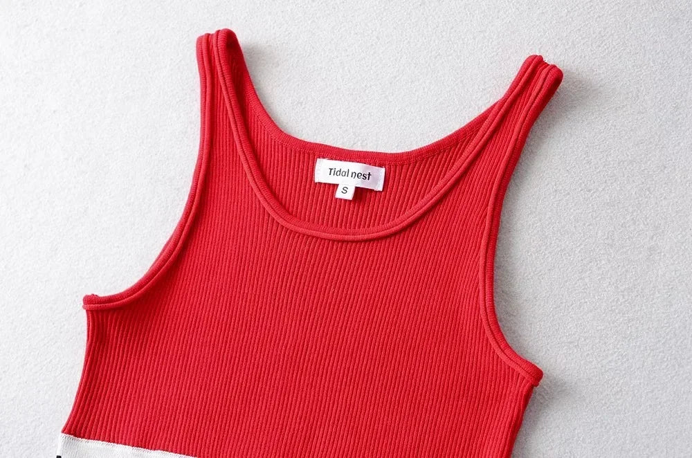 Summer New Style Women's Pure Desire Spicy Girl Color Block Elastic Slim Fit Cuffed Letter Knitted Halter Top Vest Cotton