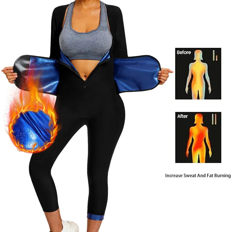 Women's Long Sleeved Pants Jumpsuit 6 In 1 Sauna Sweat Shirt Full Body Waist Trainer Weight Loss Workout Body Sauna Bodysuit
