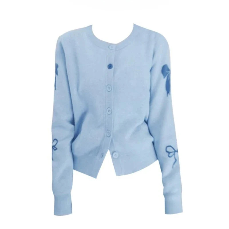 EOTVOTEE Women's Temperament Bow Jacquard Cardigan French Style O Neck Single Breasted Cardigans 2025 New Simple Elegant Sweater