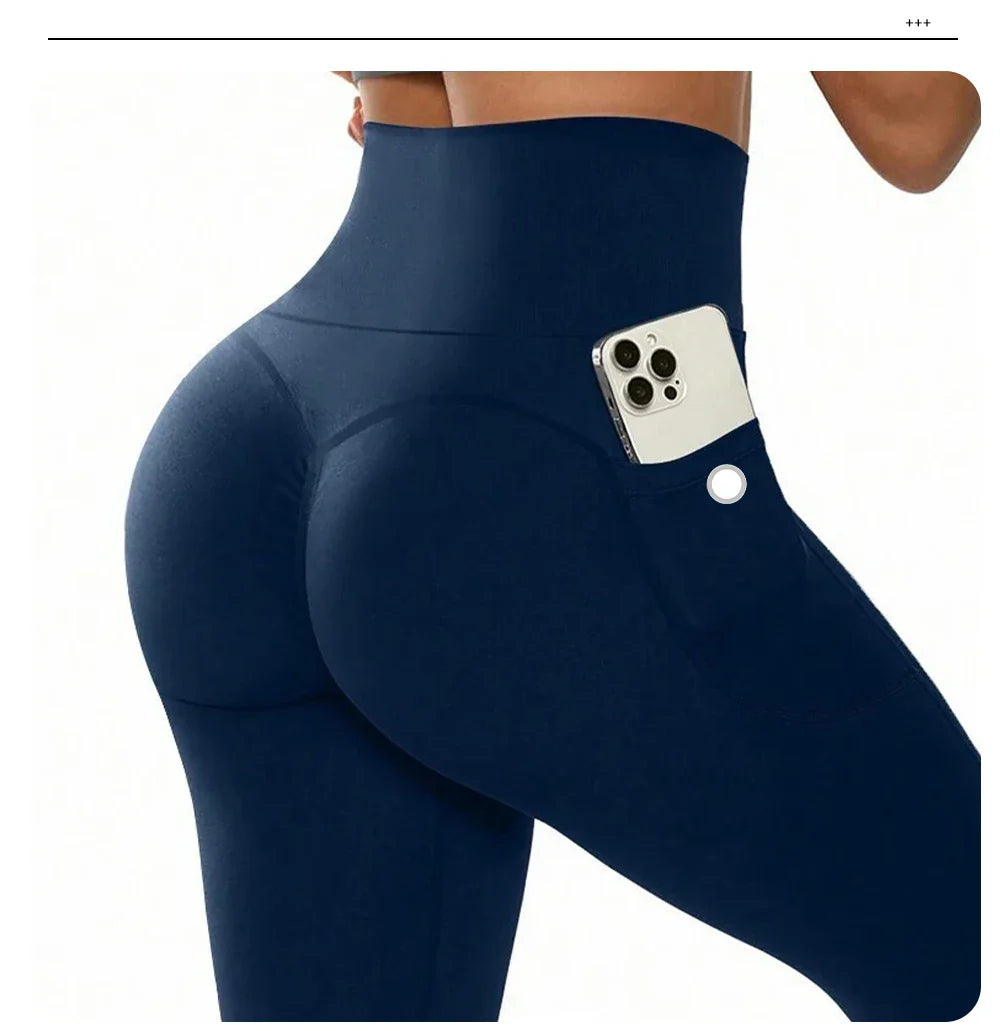 High Waisted Seamless Yoga Pants Butt Lifting Booty Sculpting Gym Leggings with Side Pockets Sexy Workout Tights for Women