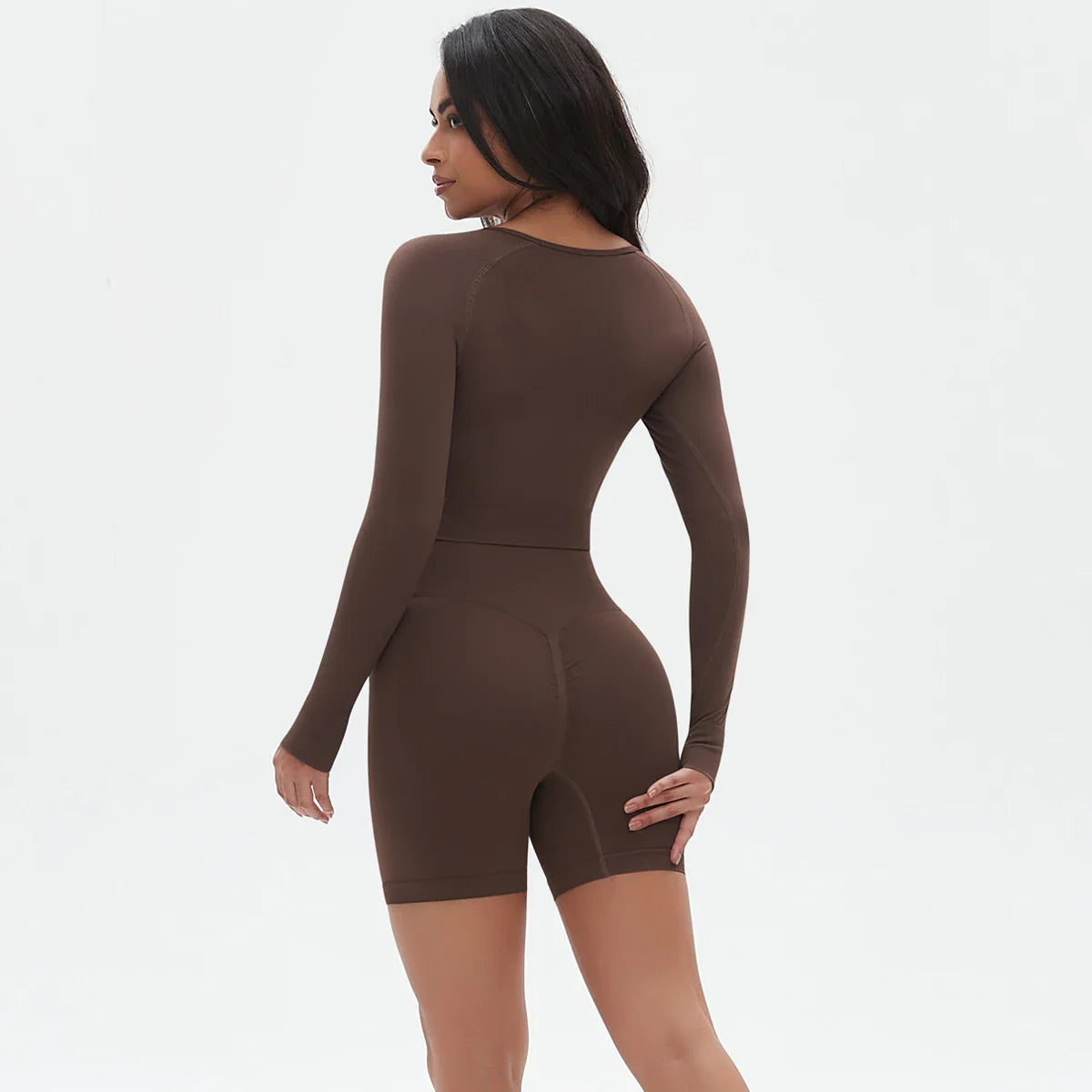 High Waist Seamless Fitness Sports Yoga Shorts Long Sleeved Set Woman Tight Solid Color Workout Top Summer Breathable Yoga Set