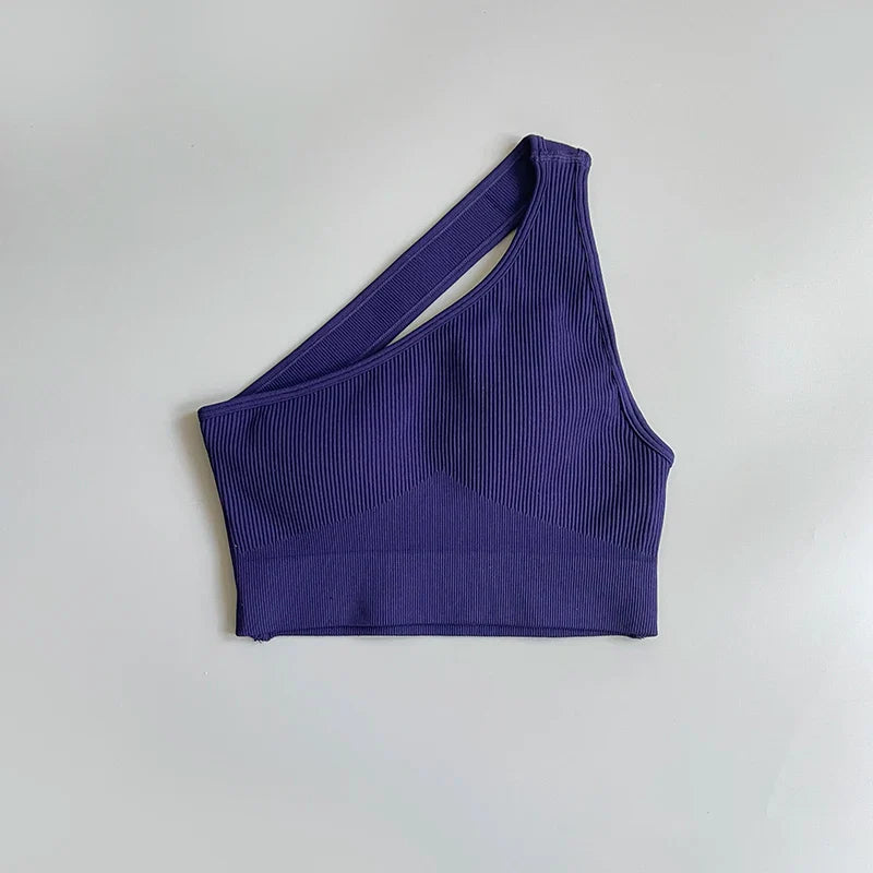 One Shoulder Cut Out Back Sports Bra Women Breathable Running Yoga Crop Top