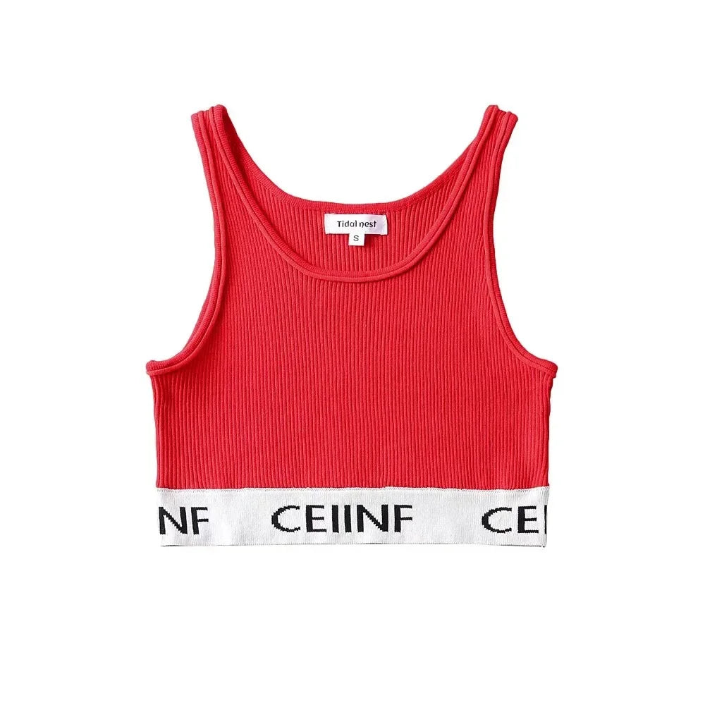 Summer New Style Women's Pure Desire Spicy Girl Color Block Elastic Slim Fit Cuffed Letter Knitted Halter Top Vest Cotton