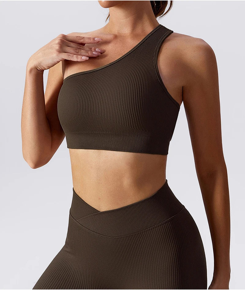One Shoulder Cut Out Back Sports Bra Women Breathable Running Yoga Crop Top