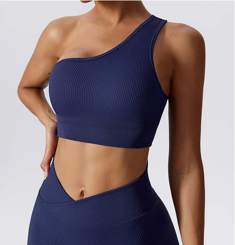 One Shoulder Cut Out Back Sports Bra Women Breathable Running Yoga Crop Top