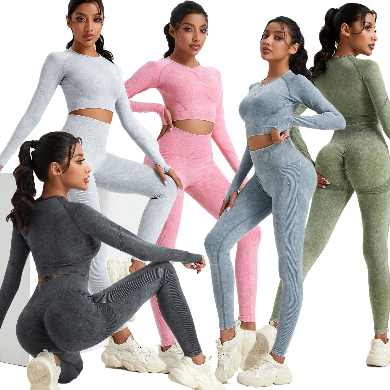 Women's Long Sleeves Round Neck Wash Exercise Activewear Sport Tops Skinny Stretch Activewear Running Wear