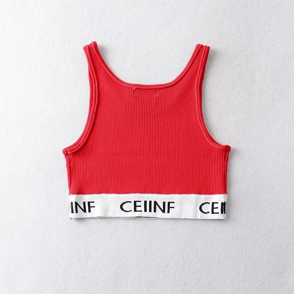 Summer New Style Women's Pure Desire Spicy Girl Color Block Elastic Slim Fit Cuffed Letter Knitted Halter Top Vest Cotton