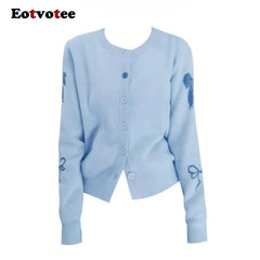 EOTVOTEE Women's Temperament Bow Jacquard Cardigan French Style O Neck Single Breasted Cardigans 2025 New Simple Elegant Sweater