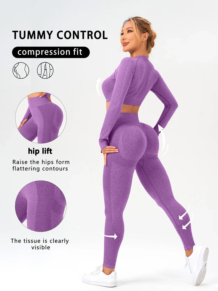 2 pcs/set Long Sleeve Yoga Leggings Set Sportswear Woman Gym Seamless Workout Outfit Yoga Clothes Womens Tracksuit Activewear