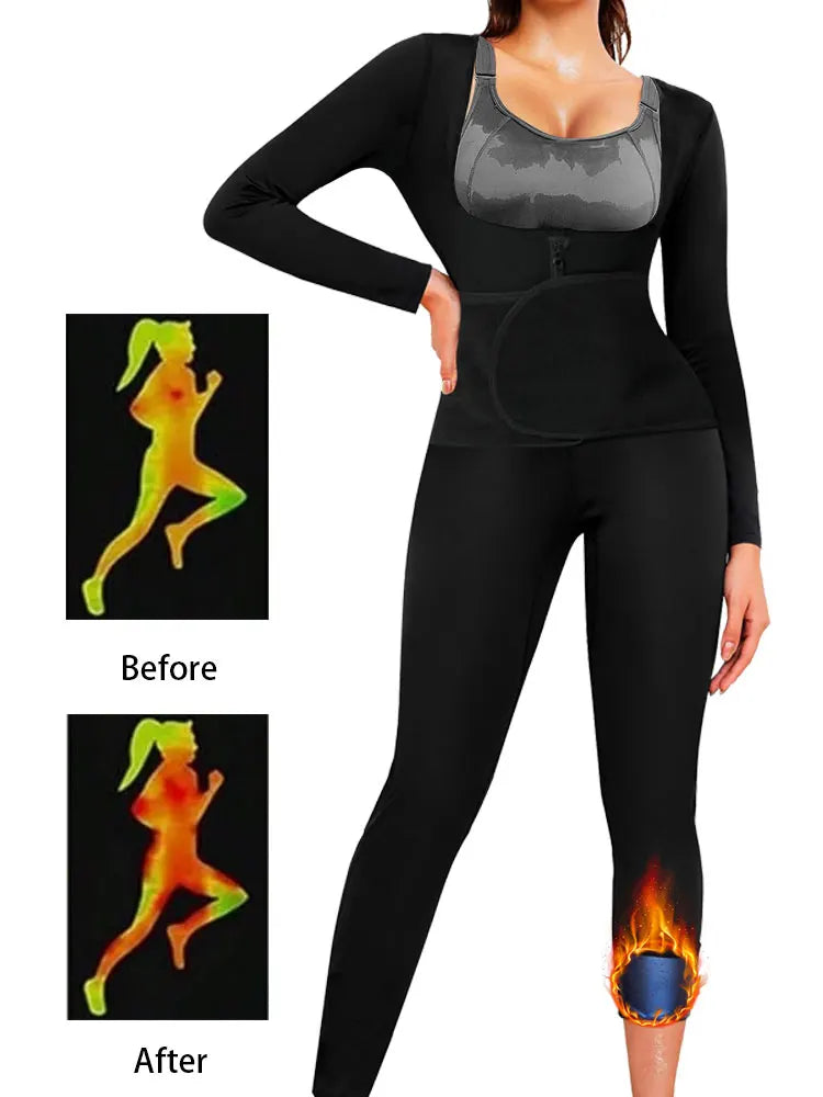 Women's Long Sleeved Pants Jumpsuit 6 In 1 Sauna Sweat Shirt Full Body Waist Trainer Weight Loss Workout Body Sauna Bodysuit