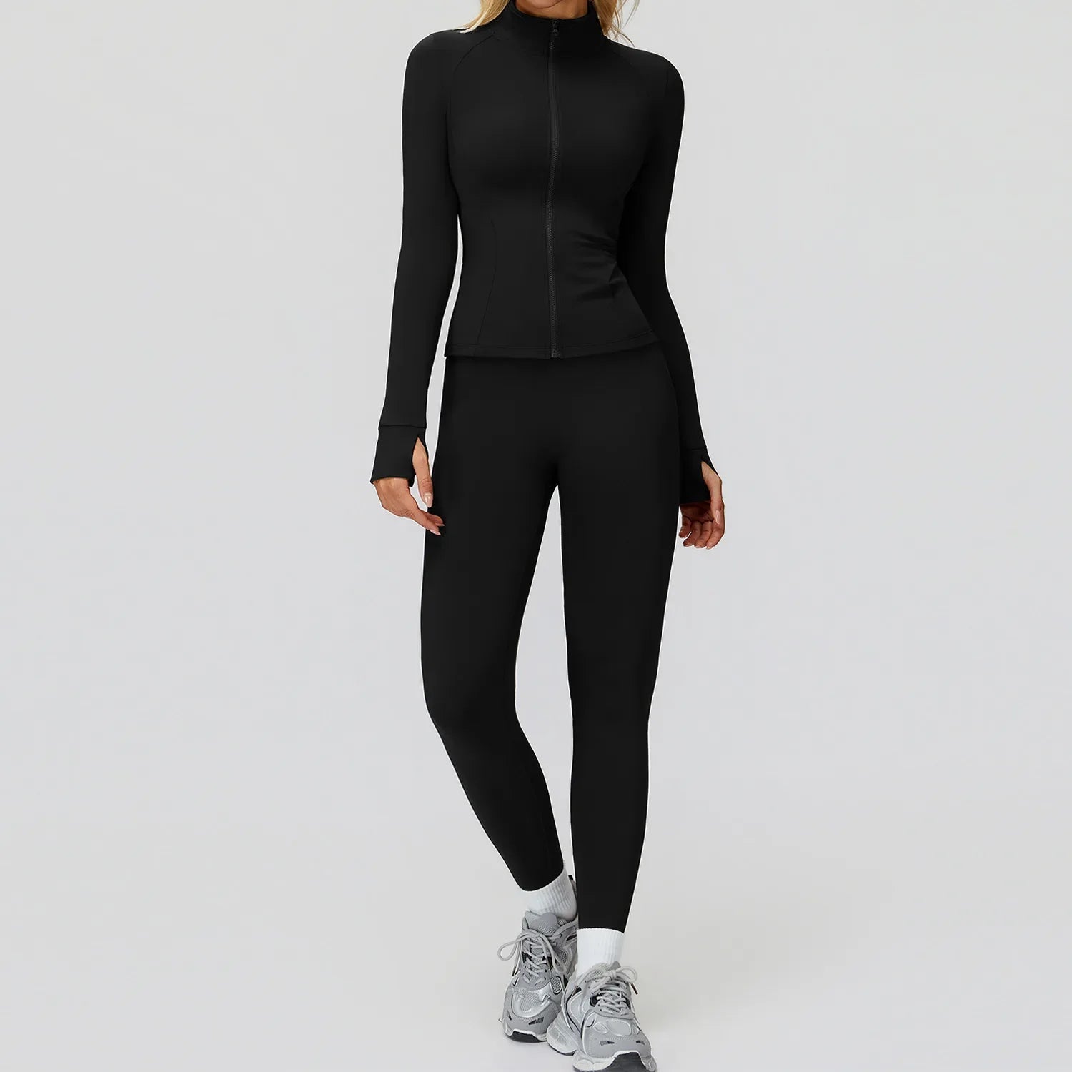 2PCS Yoga Set Workout Sets Women Sportswear Gym Clothing Fitness Zipper Long Sleeve High Waist Leggings Sports Suits Yoga Suit
