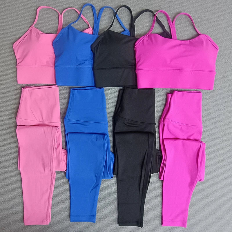 2 Pieces Yoga Clothes Sets Gym Sports Set Fitness Suits Women Cross Back Bra Top High Waist Leggings Running Workout Tracksuit