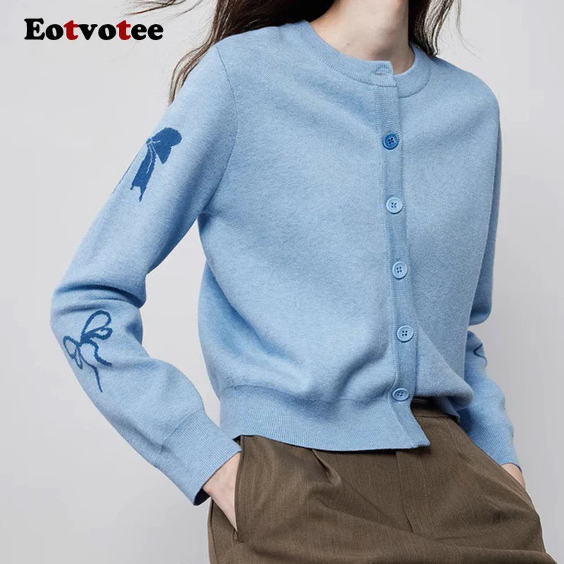 EOTVOTEE Women's Temperament Bow Jacquard Cardigan French Style O Neck Single Breasted Cardigans 2025 New Simple Elegant Sweater